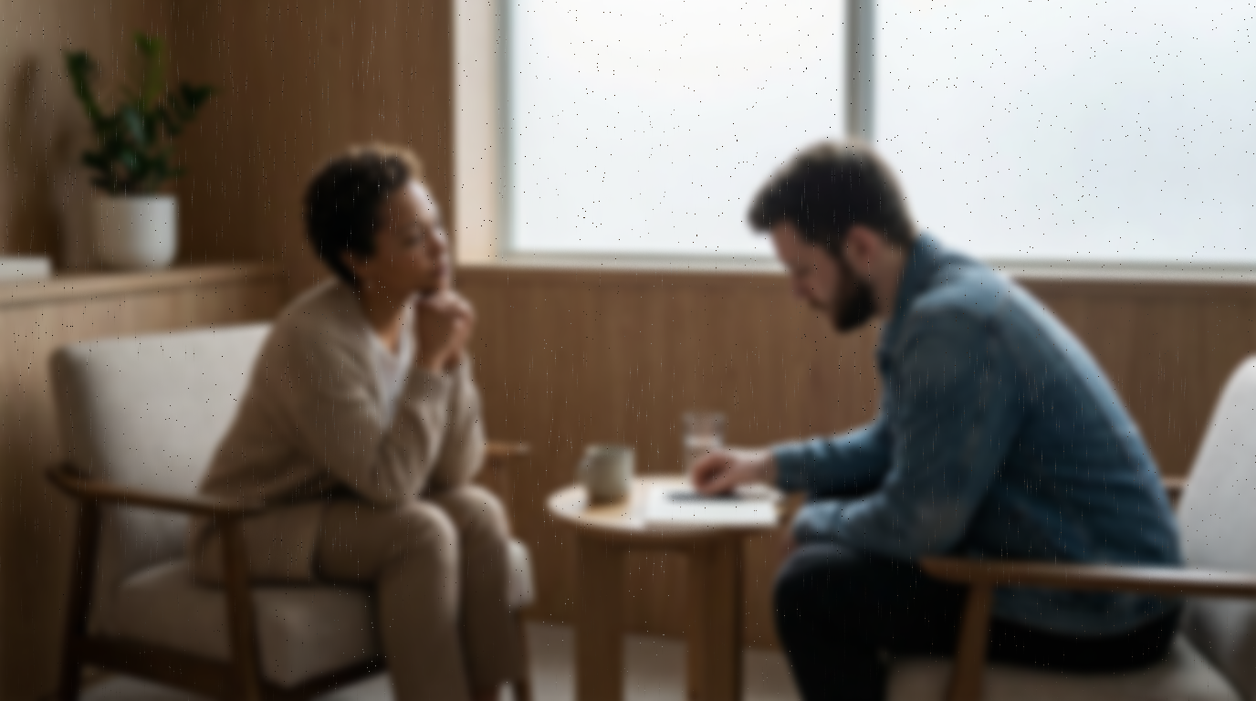 A woman in a beige sweater listening to a man with a beard, wearing a denim shirt, in a therapy session in a cozy room with wooden walls and a large window.