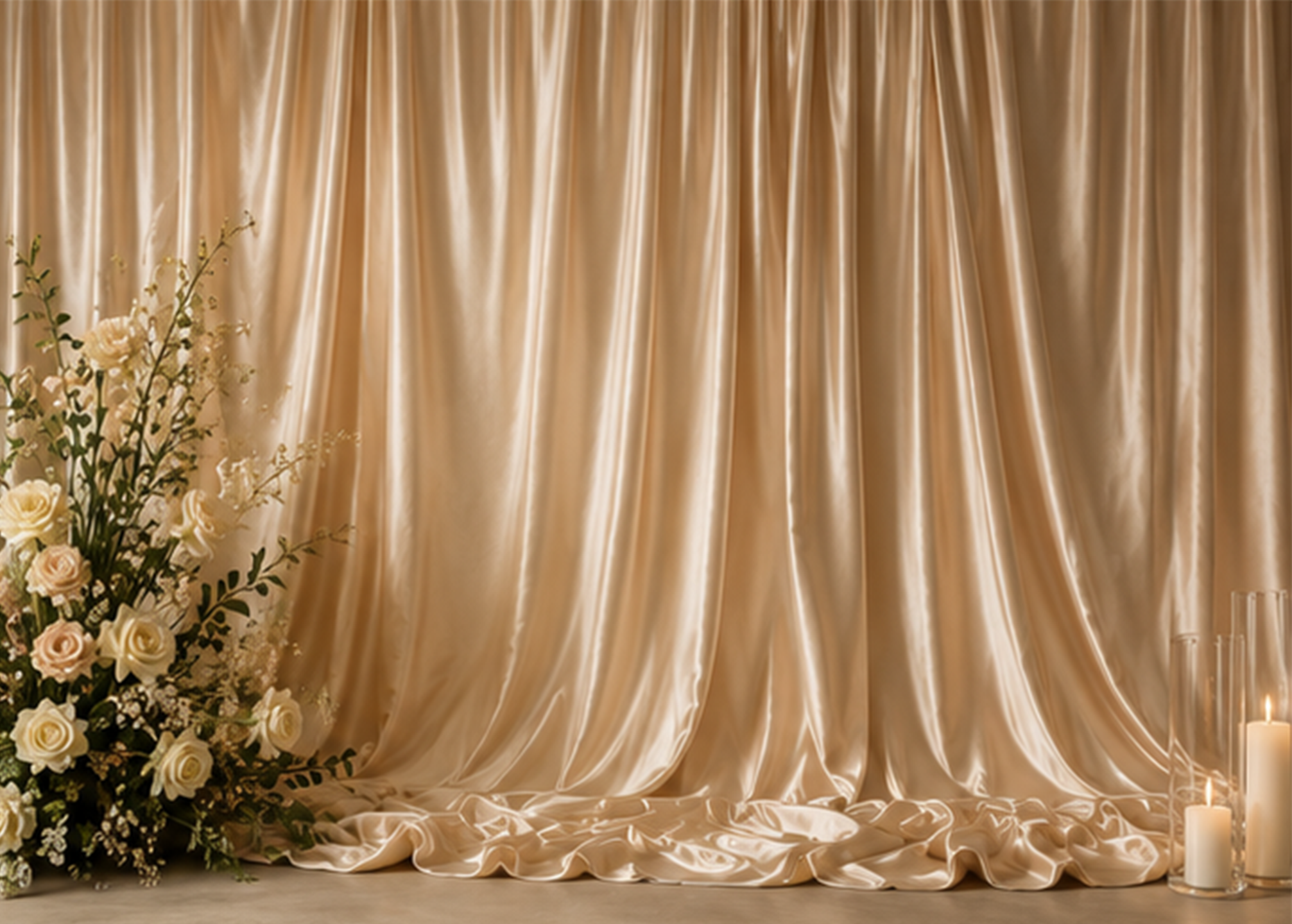 A stage backdrop with a golden satin curtain, decorated with a floral arrangement of white and light pink roses on the left, and white candles on the right.