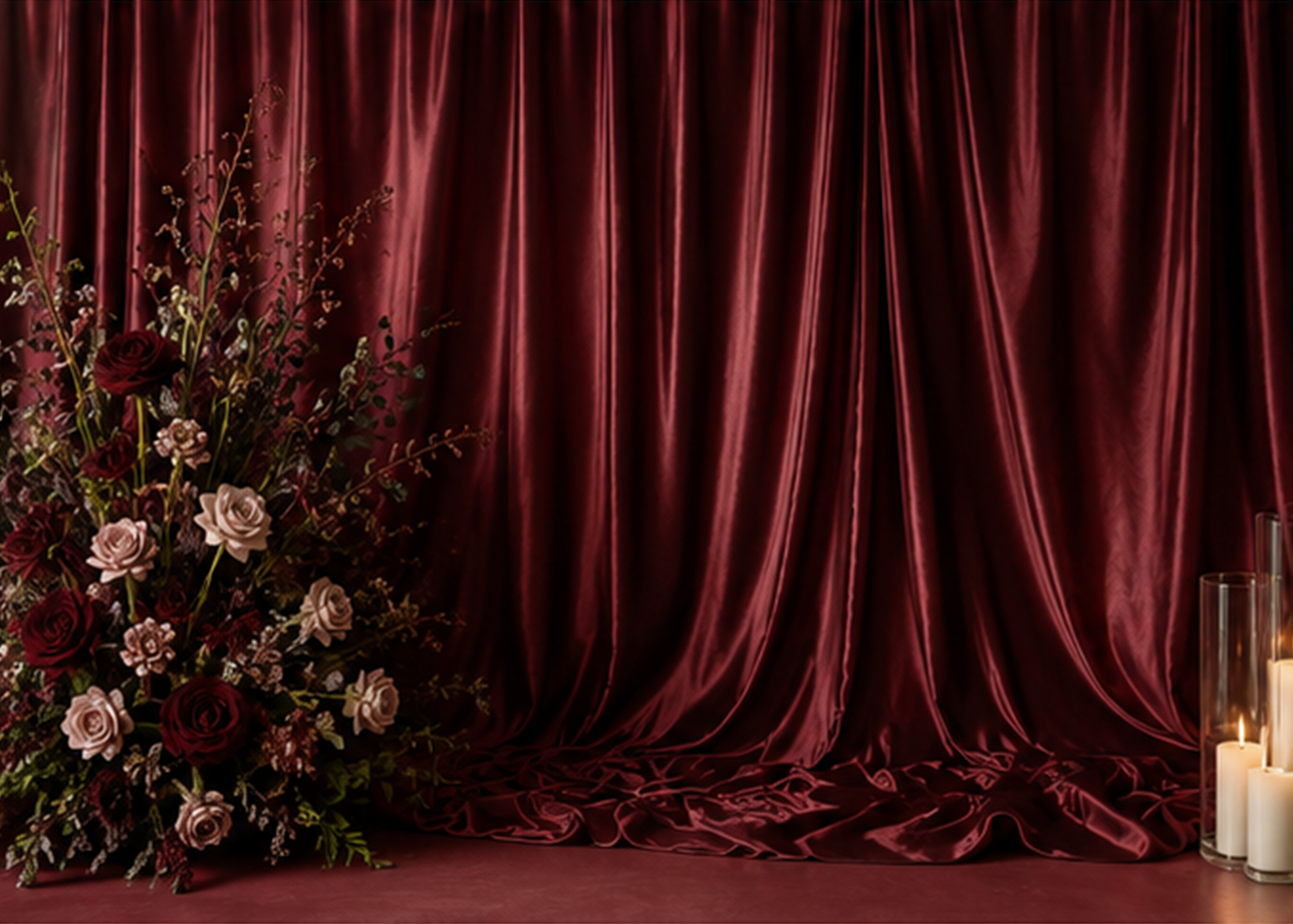 A stage with red velvet curtains and a floral arrangement of red, pink, and white roses with greenery on the left side, a lit candle in a glass holder on the right side, and a white pillar candle in front of the curtains.