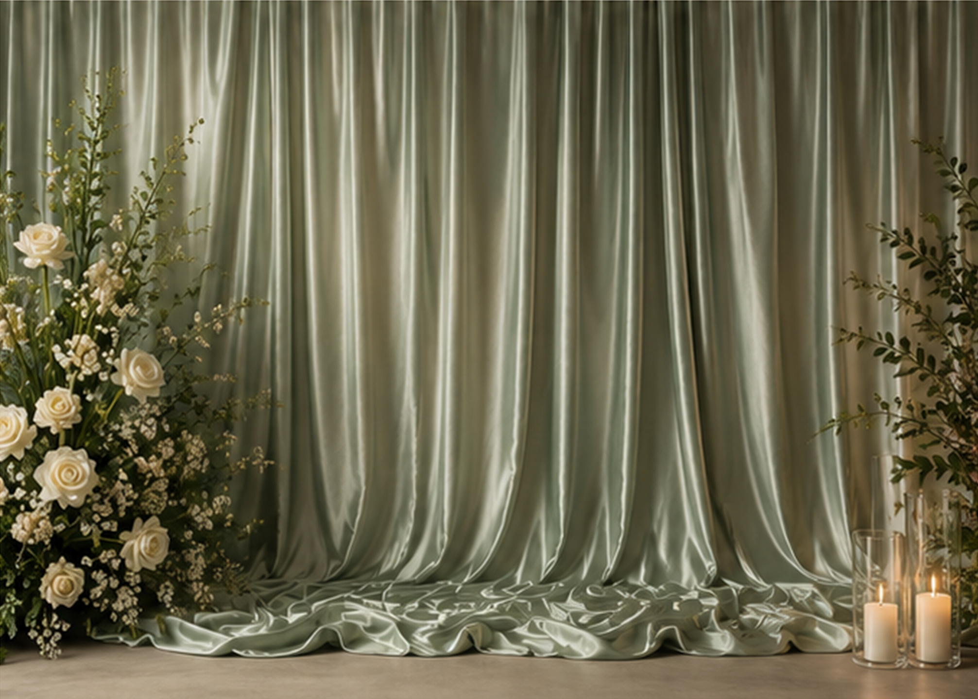 A stage with olive green satin curtains, floral arrangements of white roses and greenery on the left, and candles on the right.