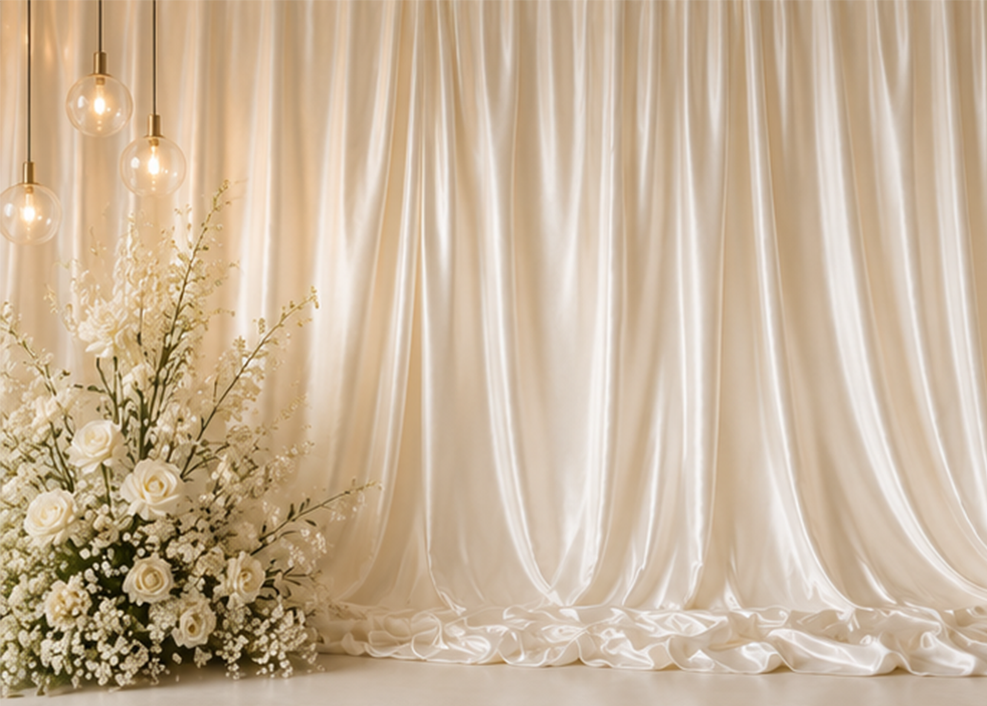 Cream-colored satin curtain backdrop with a floral arrangement of white roses, baby's breath, and branches on the left, accented by hanging glass globe light fixtures.