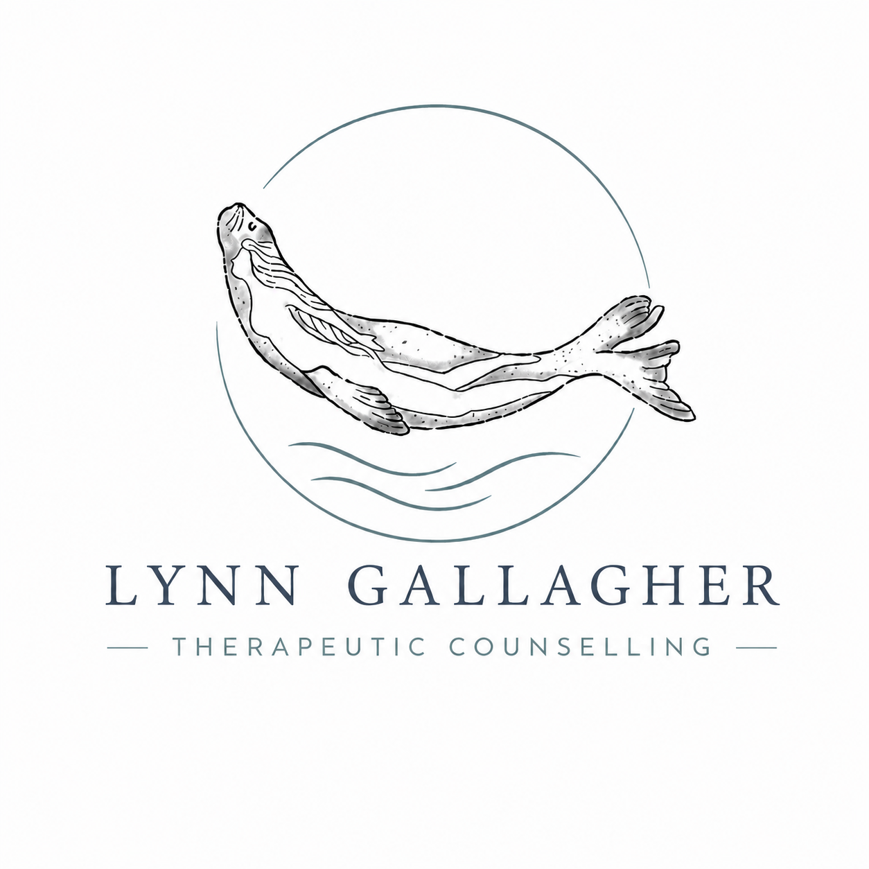 Logo for Lynn Gallagher Therapeutic Counselling featuring a line drawing of a fish in water with waves, and text with the name and service.