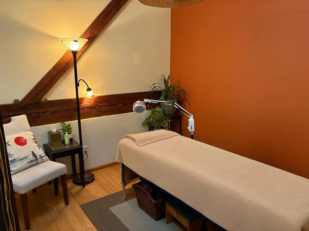Massage therapy room with a massage table covered in a beige sheet, a small side table with tissue and a plant, a chair with a decorative pillow, and a floor lamp, all set against a wall with wood beams and an orange accent wall, with plants in the corner.