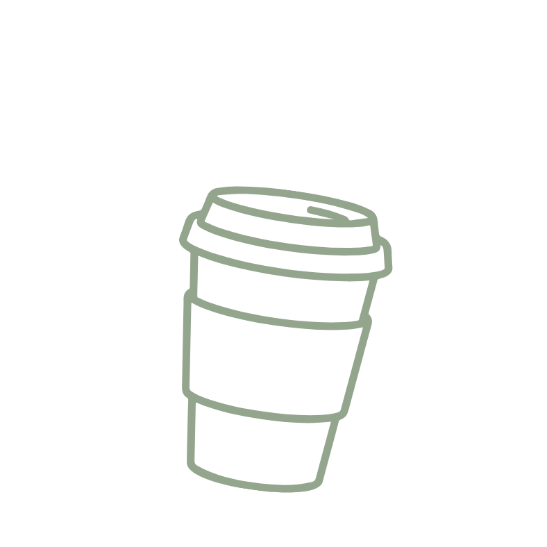 Line drawing of a disposable coffee cup with a lid and a sleeve.