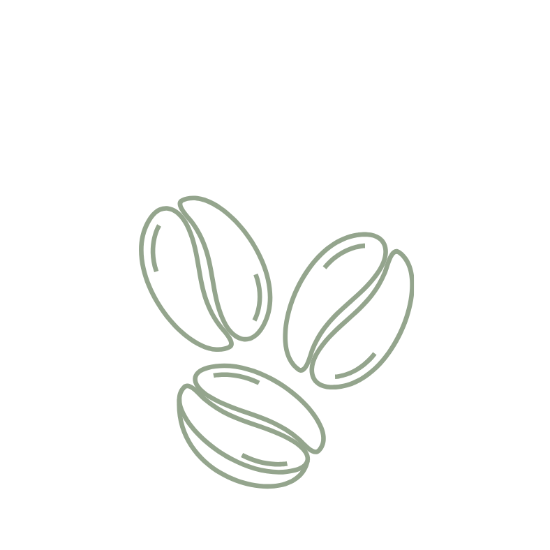Line drawing of four coffee beans on a black background.
