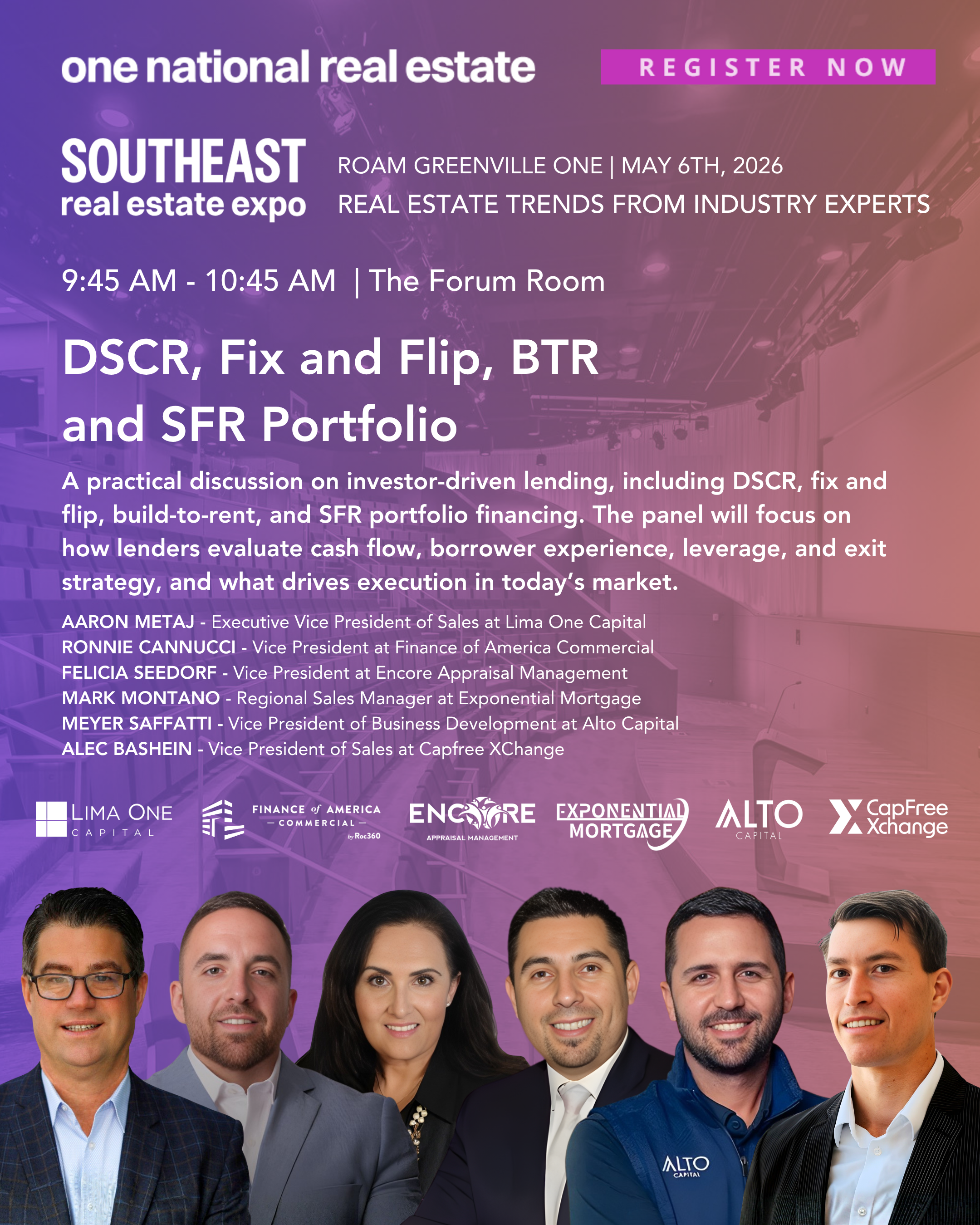A promotional poster for the Southeast real estate expo, featuring headshots of six industry professionals in business attire, with a purple and pink gradient background and various company logos at the bottom.