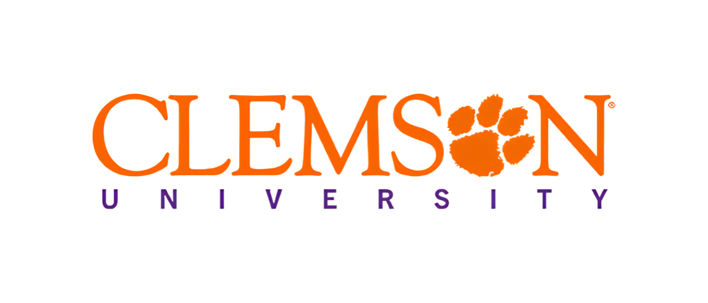Clemson University logo with orange text and a paw print, purple letters spelling 'University' underneath