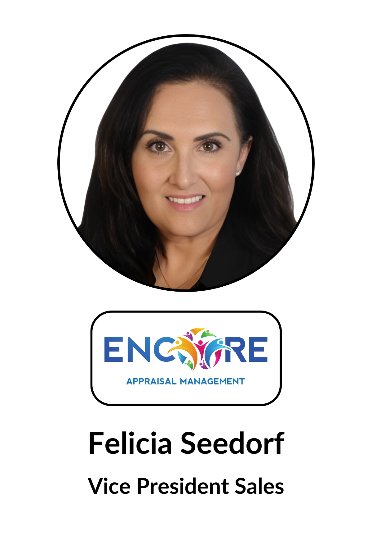 Professional headshot of Felicia Seedorf, Vice President of Sales, with the Engage Appraisal Management logo and her title below.