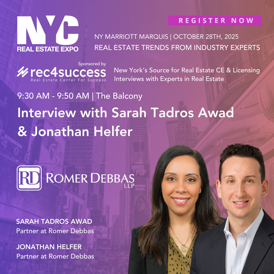 Event poster for the NYC Real Estate Expo on October 28th, 2025 at the NY Marriott Marquis featuring an interview with Sarah Tadros Awad and Jonathan Helfer from Romer Debbas LLP, scheduled at 9:30 AM to 9:50 AM on The Balcony.