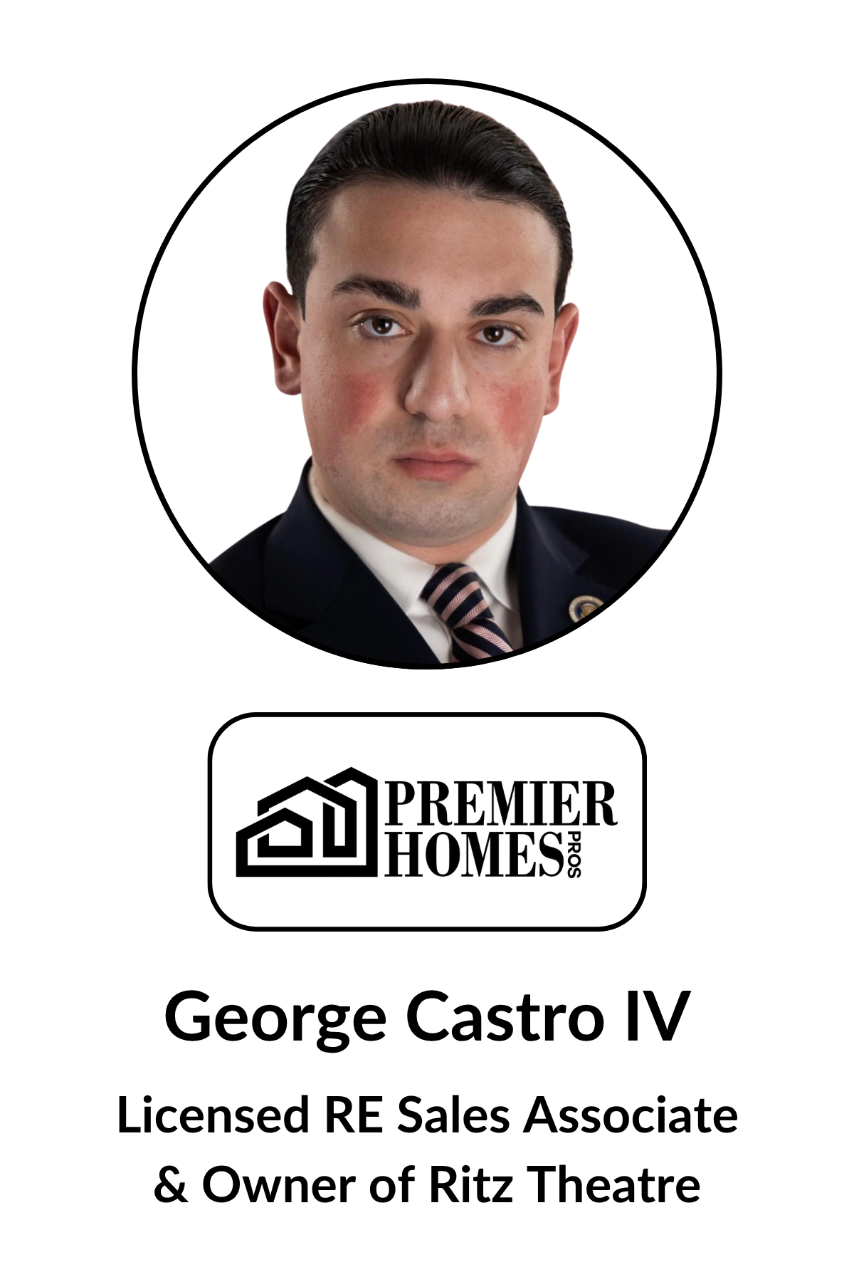 Photograph of George Castro IV, a man with dark hair, wearing a dark suit, white shirt, and striped tie, with a Premier Homes Pro logo and text indicating he is a licensed RE Sales Associate and owner of Ritz Theatre.