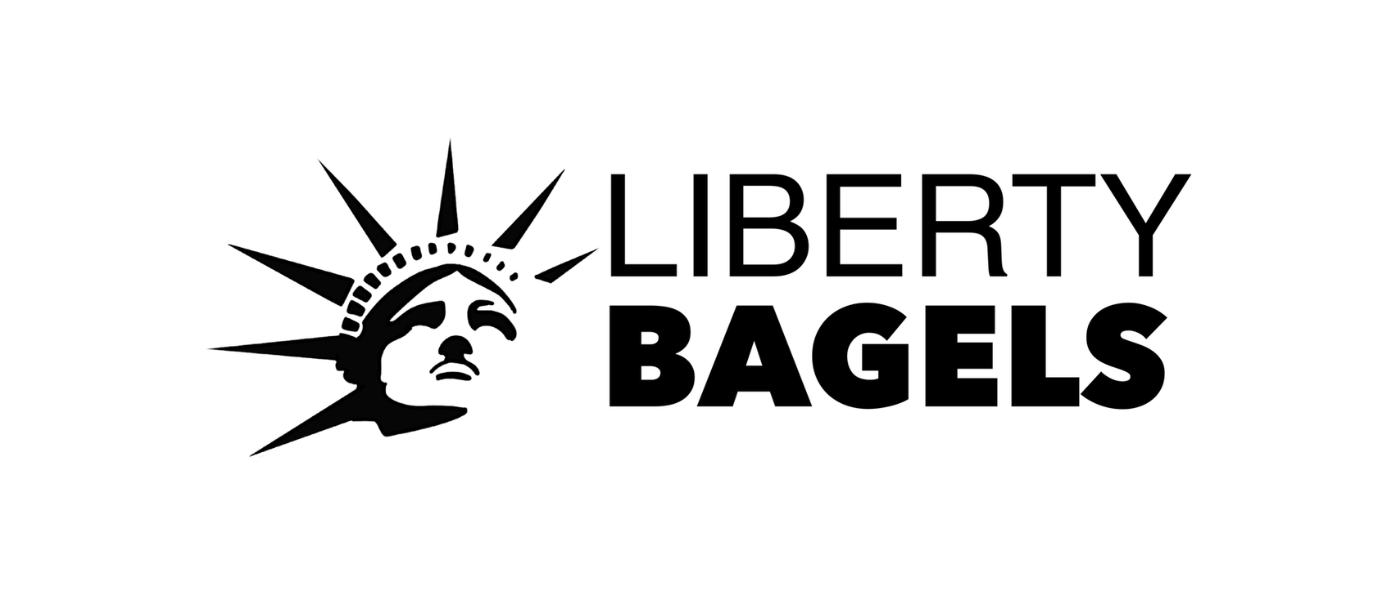 Logo of Liberty Bagels featuring a stylized woman's face with a crown of rays, next to the text 'Liberty Bagels' in bold black font.