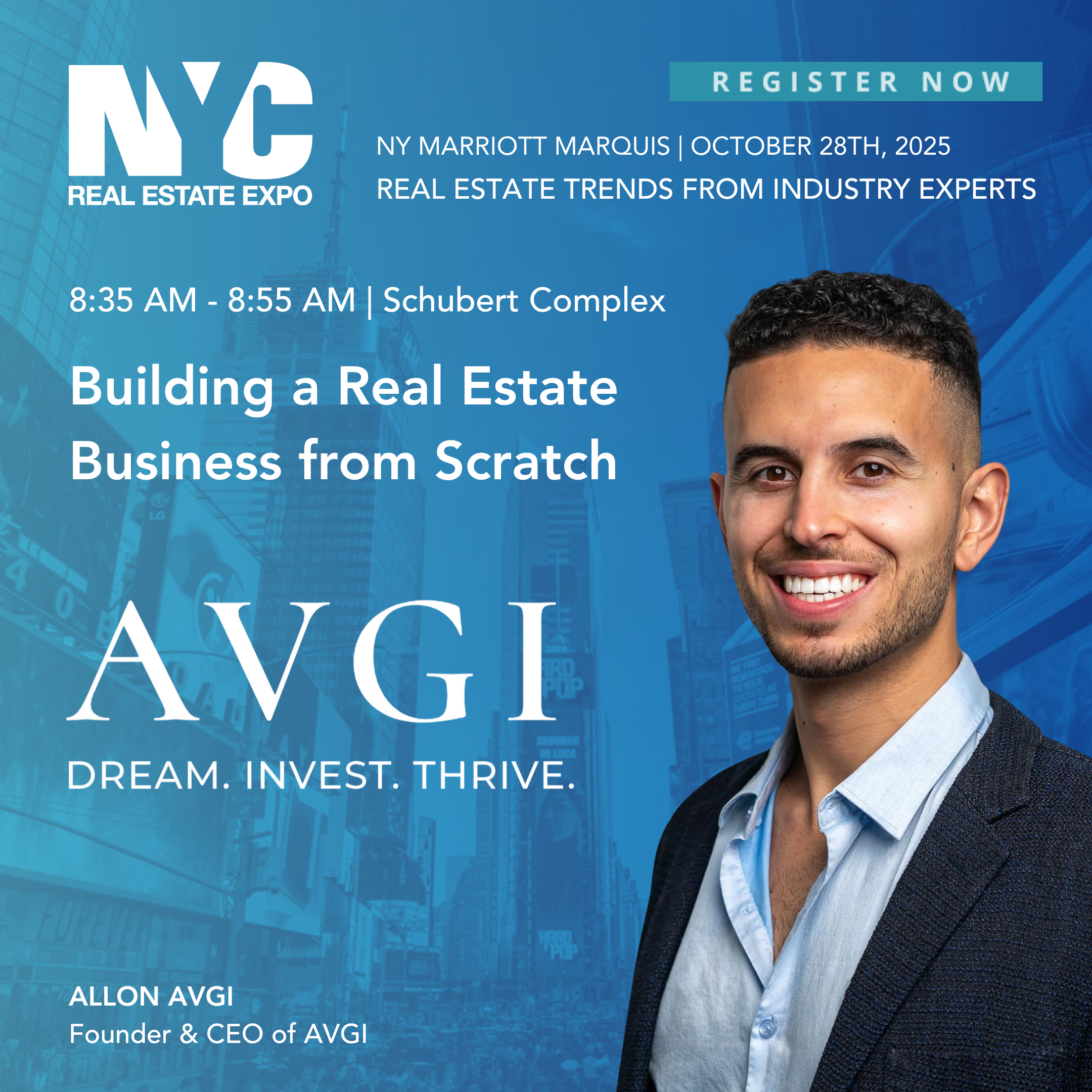 A promotional poster for the NY Real Estate Expo featuring Allon Agvi, CEO of AVG, who is smiling and dressed in a formal shirt and blazer, with a blue background showing city buildings and skyline.