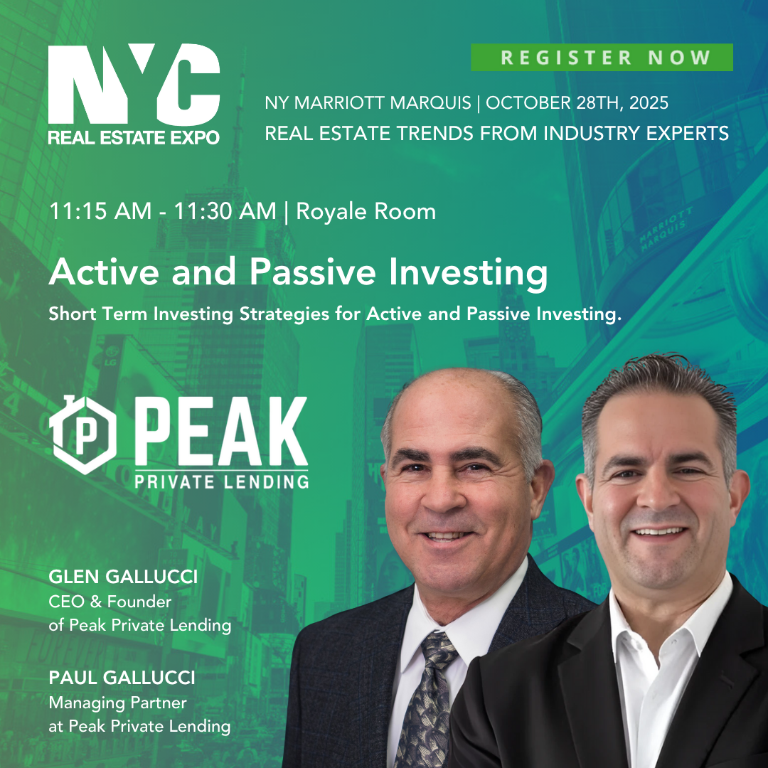 Event poster for NYC Real Estate Expo on October 28th, 2025, at Marriott Marquis, featuring a session on active and passive investing from 11:15 to 11:30 AM in the Royale Room, hosted by Peak Private Lending with speakers Glen Gallucci and Paul Gallu