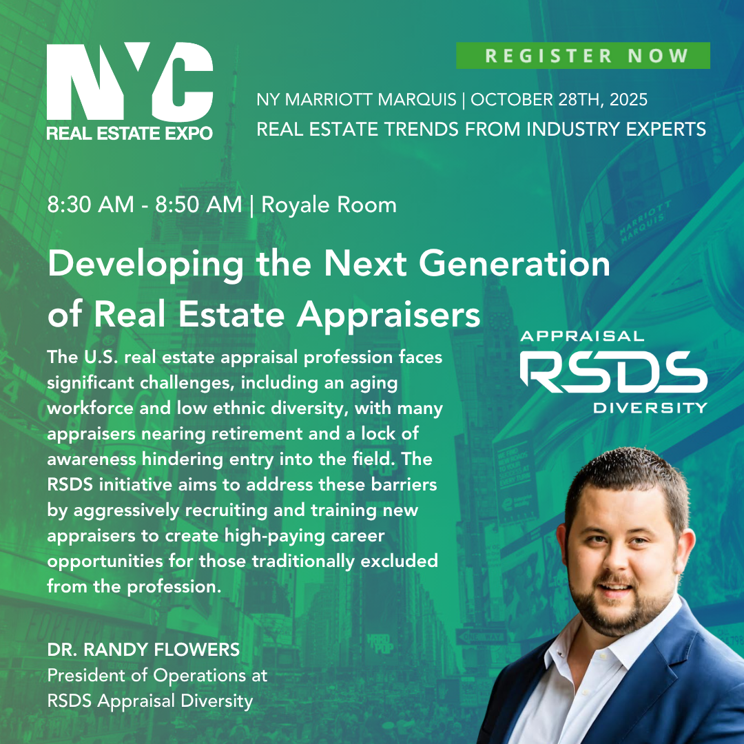Event poster for NYC Real Estate Expo at NY Marriott Marquis on October 28th, 2025. Features a session titled "Developing the Next Generation of Real Estate Appraisers" scheduled from 8:30 to 8:50 AM in the Royale Room. The poster includes details ab