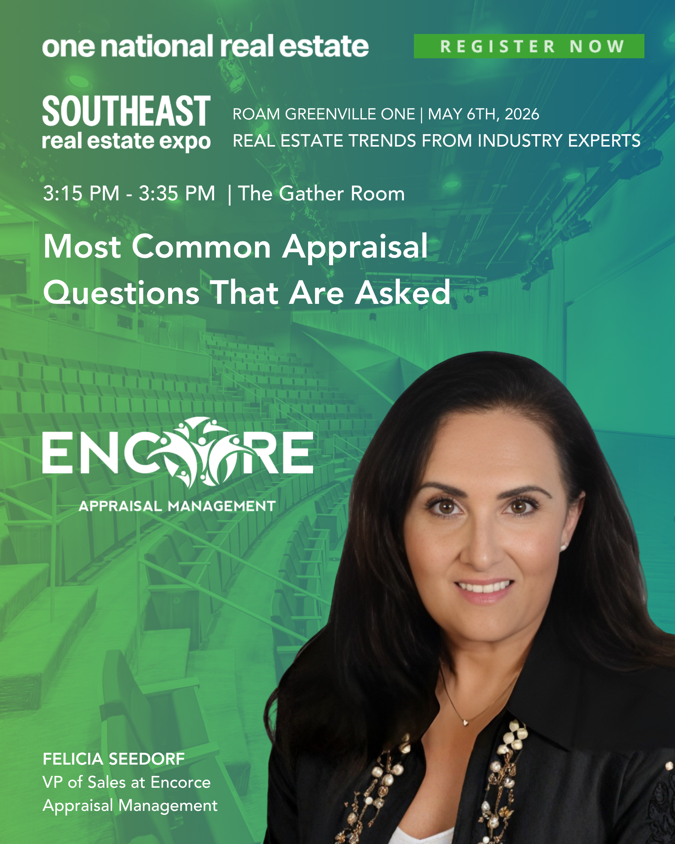 Promotional flyer for Southeast real estate expo featuring a woman with dark hair in professional attire, smiling, with an indoor auditorium background, green overlay, event details, and registration prompt.