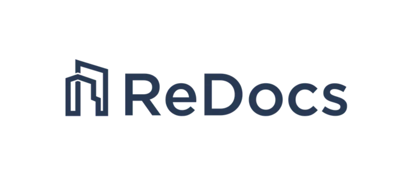 ReDocs logo with stylized building icon and text in dark blue.