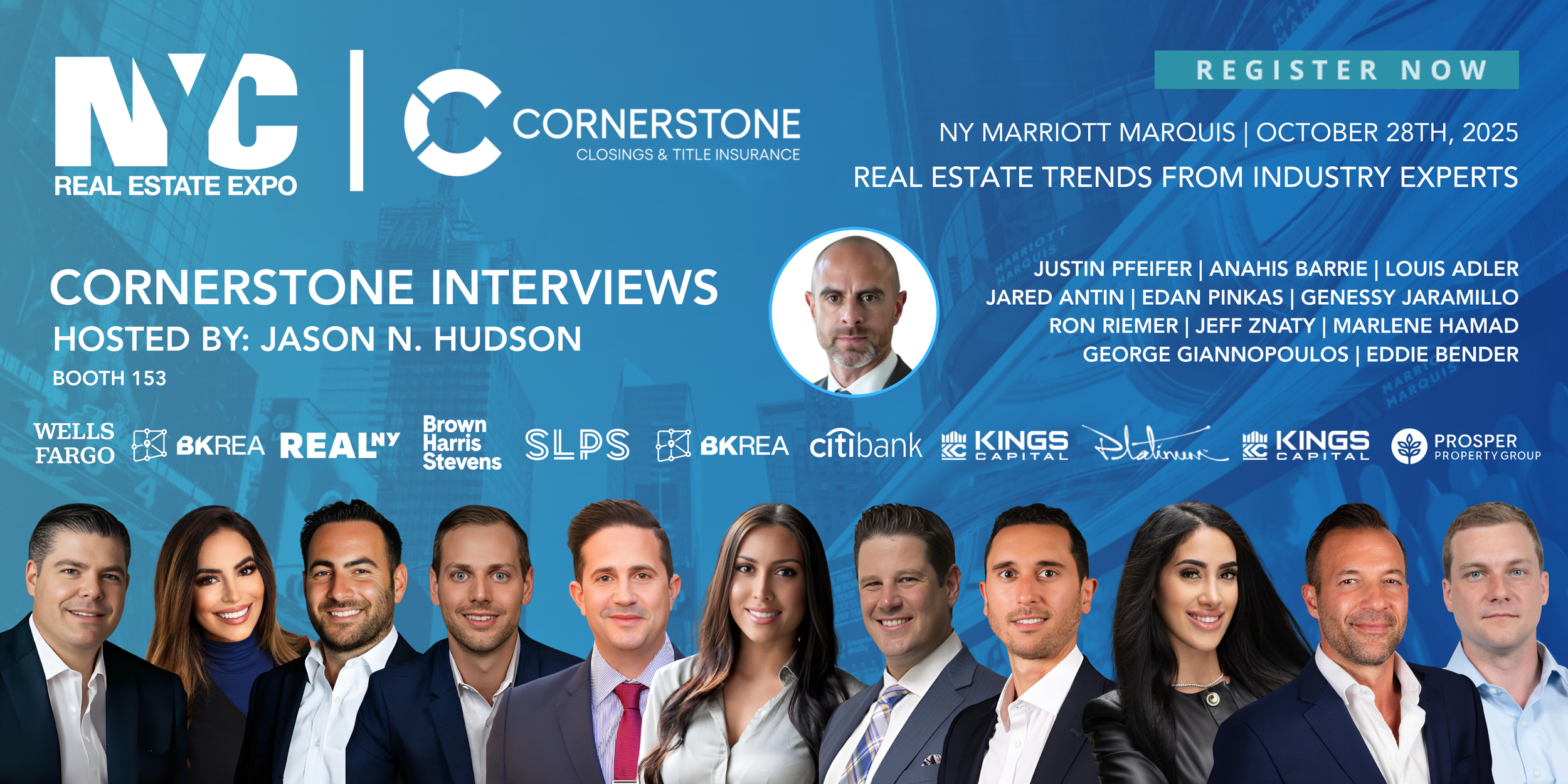 Promotional banner for NYC Real Estate Expo featuring speaker Jason N. Hudson and a group of professionally dressed diverse individuals, with details about the event date, location, and industry experts.