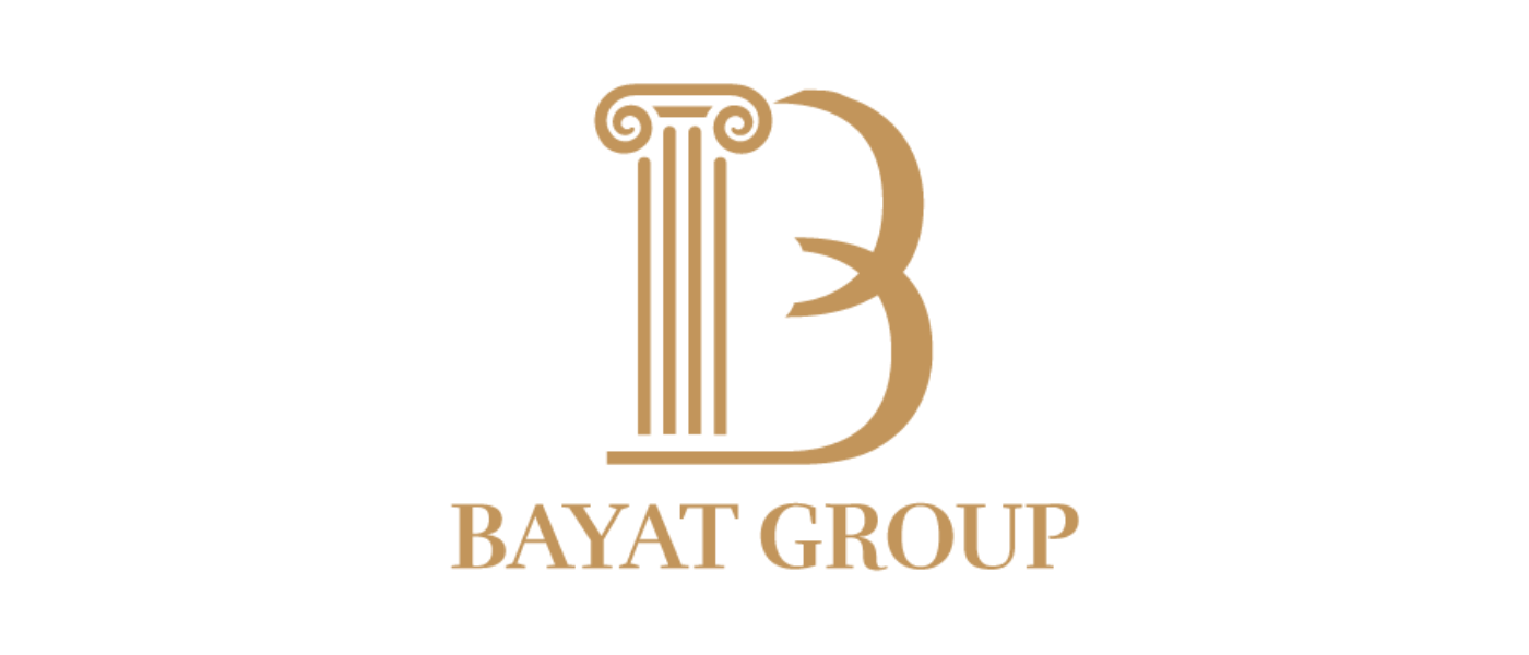 Logo for Bayat Group featuring a stylized letter B with a column design to the left and a vertical line, in gold color.