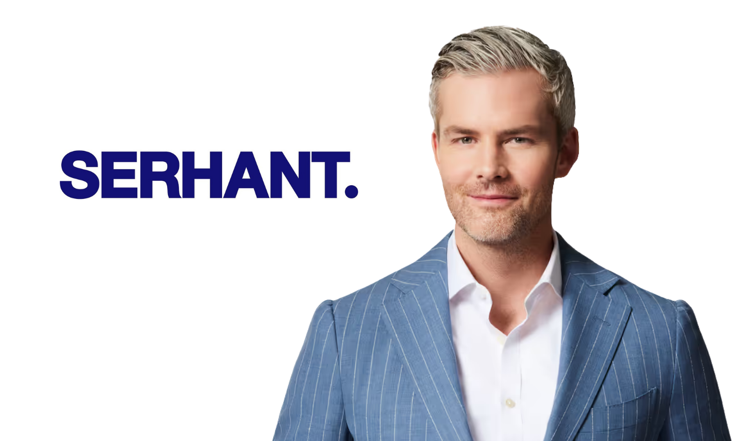 A man in a blue pinstripe suit with a white shirt, smiling, with the word 'SERHANT.' in bold navy blue letters on the white background.