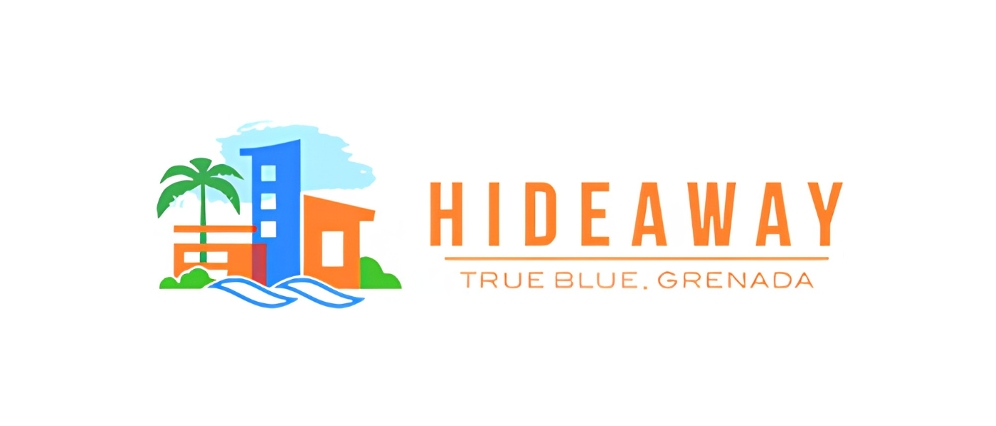 Logo for Hideaway True Blue Grenada featuring colorful buildings, a palm tree, and water waves.