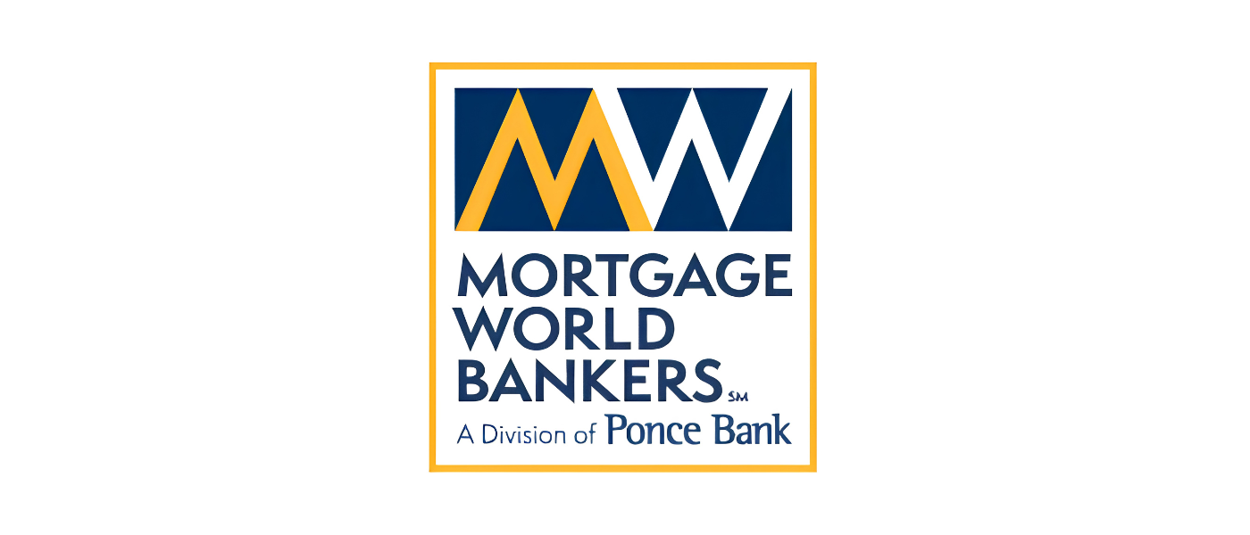 Logo for Mortgage World Bankers, a division of Ponce Bank, featuring stylized 'MW' initials in navy, gold, and white, with the company name below.