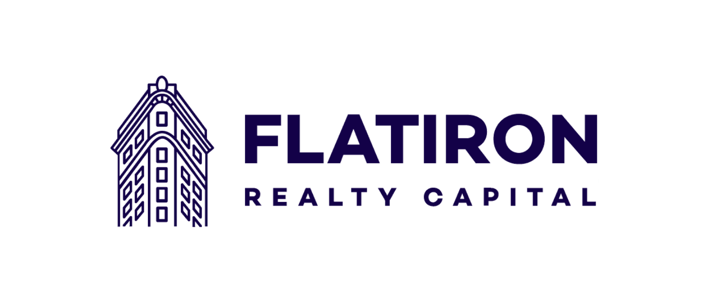 Logo for Flatiron Realty Capital, featuring a stylized building outline in dark blue next to the bold text 'FLATIRON' and smaller text 'REALTY CAPITAL'.