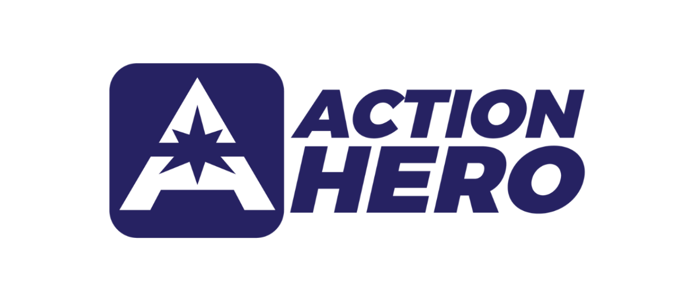 Logo with a navy blue square containing a white stylized letter A with a star in the center, followed by the text "ACTION HERO" in bold navy blue capital letters.