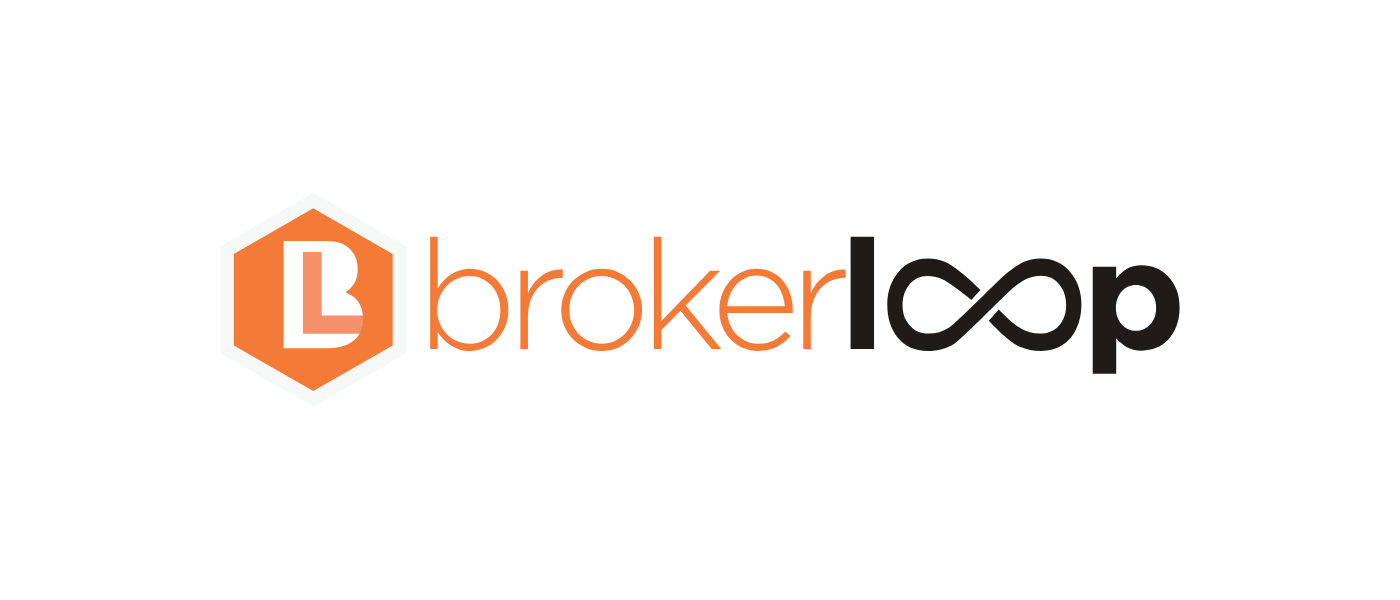 logo with a hexagon emblem containing a stylized 'B' on the left, and the word 'brokerloop' with 'broker' in orange and 'loop' in black, where the 'loop' is stylized with an infinity symbol.