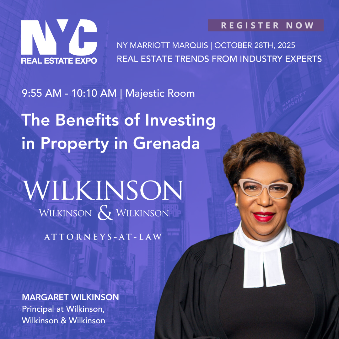Event poster for NY Real Estate Expo with a photo of Margaret Wilkinson, details of a presentation on investing in property in Grenada, scheduled for October 28th, 2025, at Marriott Marquis.