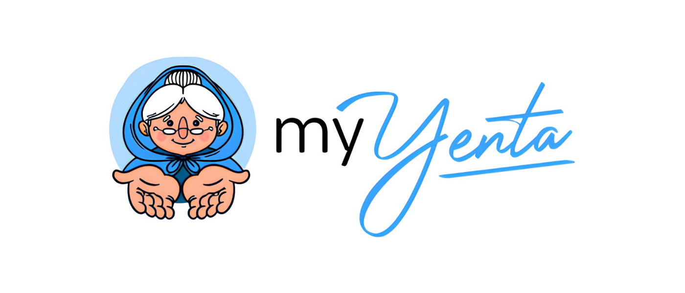 A cartoon elderly woman with white hair, glasses, and a blue headscarf, smiling and holding out her hands. Next to her is the text 'myYenta' with 'Yenta' in blue cursive.