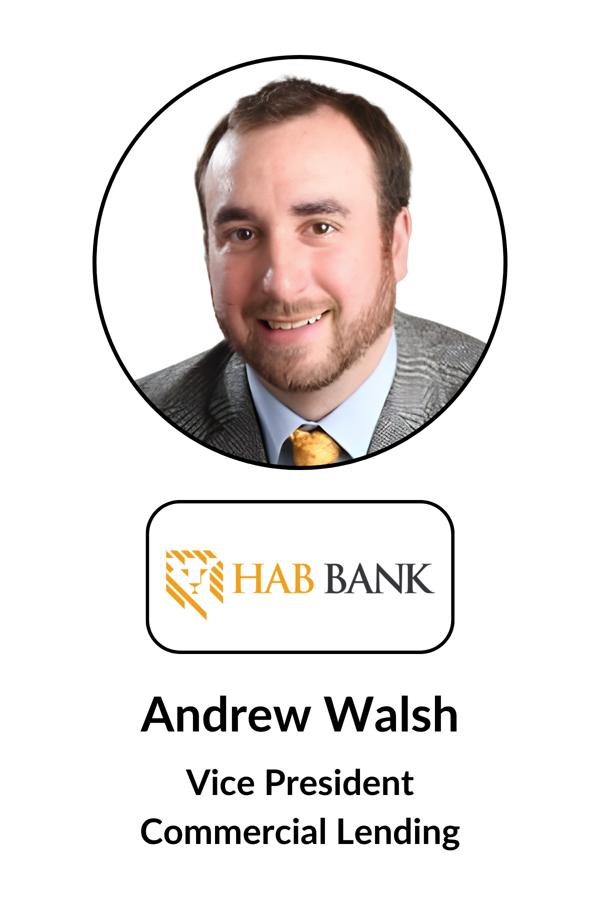 Headshot photograph of Andrew Walsh, smiling man with brown hair and beard, wearing a gray suit and gold tie, background white, below the photo is a logo for HAB Bank, with the text 'Andrew Walsh Vice President Commercial Lending'.