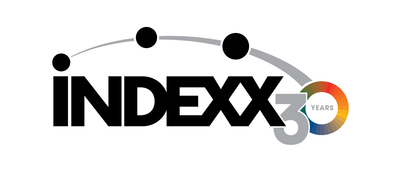 Logo celebrating 30 years of Indexx with black text, color wheel, and graphic elements containing circles and curved line