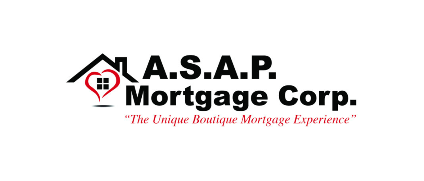 Logo for A.S.A.P. Mortgage Corp featuring a house icon with a red heart-shaped outline around a window, and the slogan 'The Unique Boutique Mortgage Experience' in red cursive text.