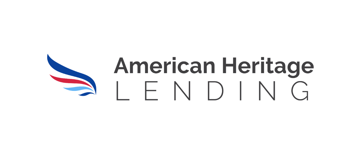 Logo of American Heritage Lending with stylized eagle wing in red, white, and blue.