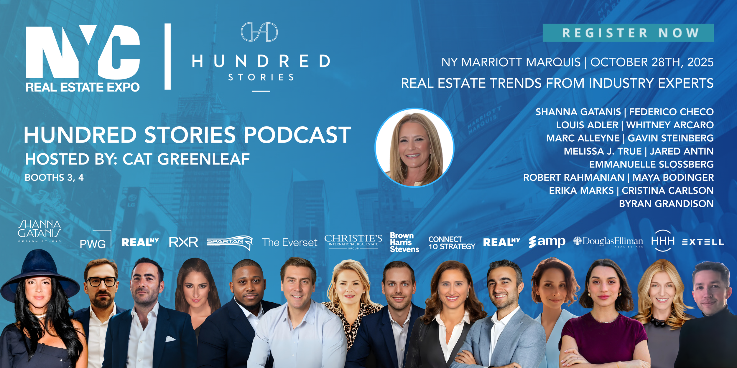 Poster for the NYC Real Estate Expo featuring a podcast hosted by Cat Greenleaf, taking place at the NY Marriott Marquis on October 28, 2025. The poster includes a photo of Cat Greenleaf, details about the event, a list of speakers, and photos of var