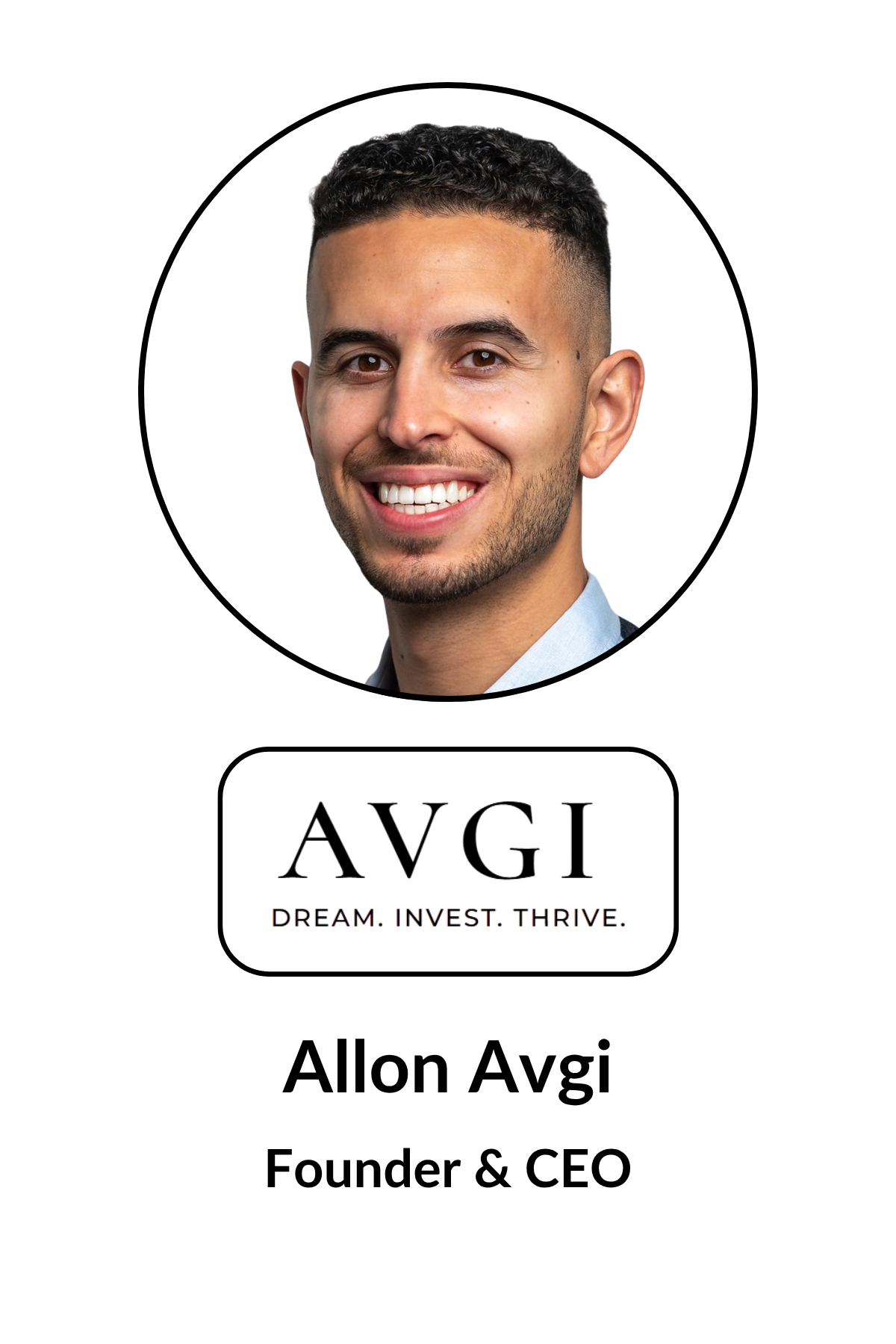 A headshot of a smiling young man with short, curly dark hair and a light beard, wearing a collared shirt. Below the photo, the logo 'AVGI' is displayed with the tagline 'Dream. Invest. Thrive.' and the name 'Allon Avgi' is written with the title 'Fo