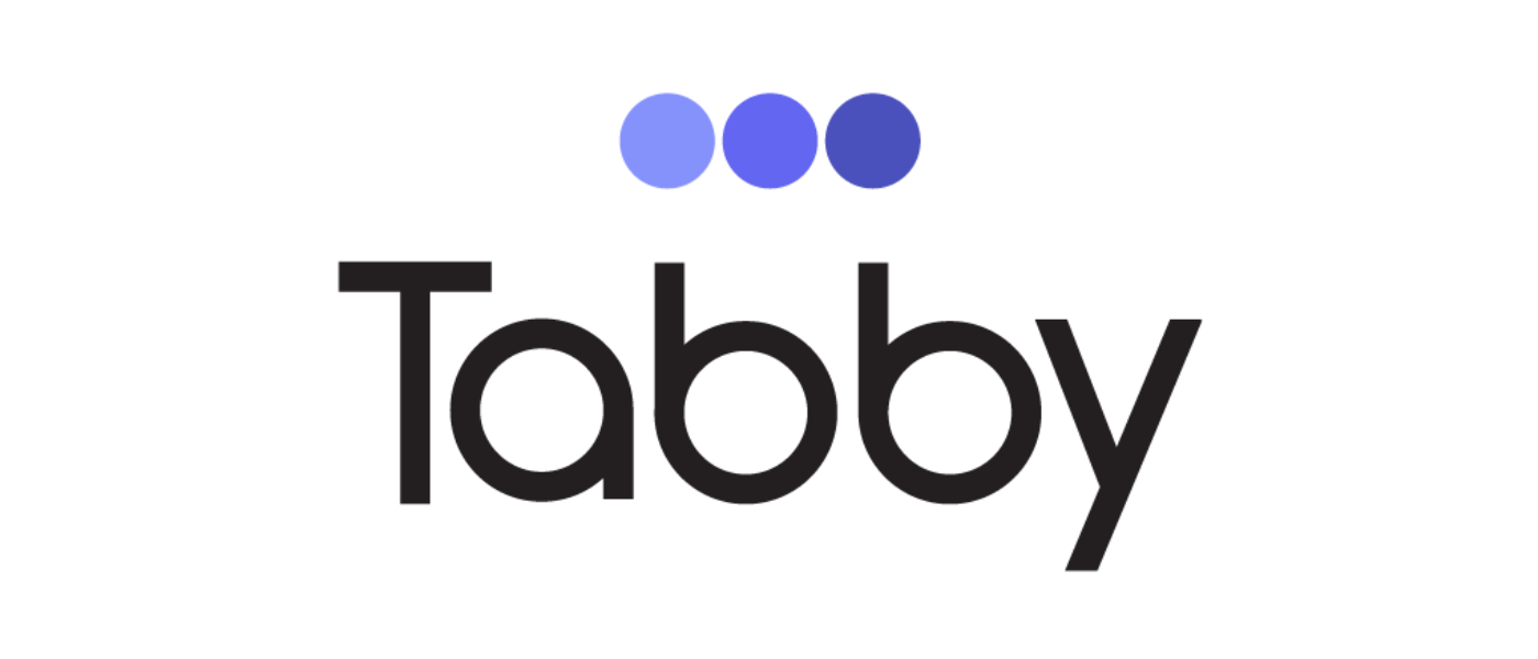 Logo with three blue circles above the word "Tabby" in black text.