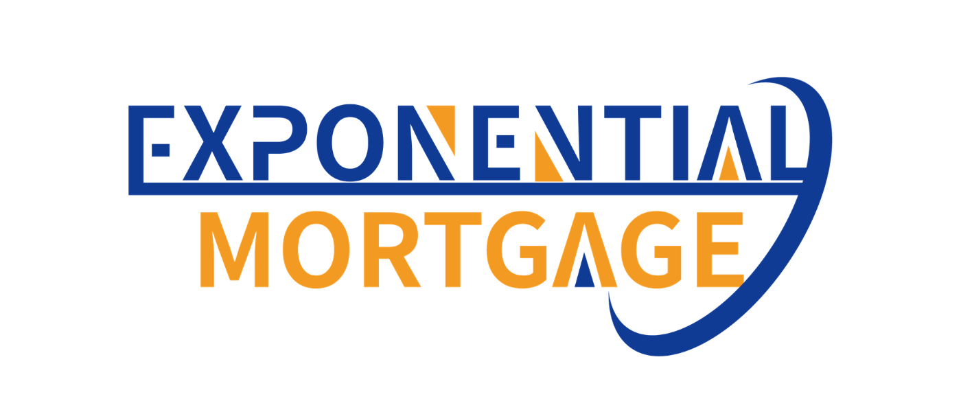 Logo for Exponential Mortgage with blue and orange text and a swooping arc design.