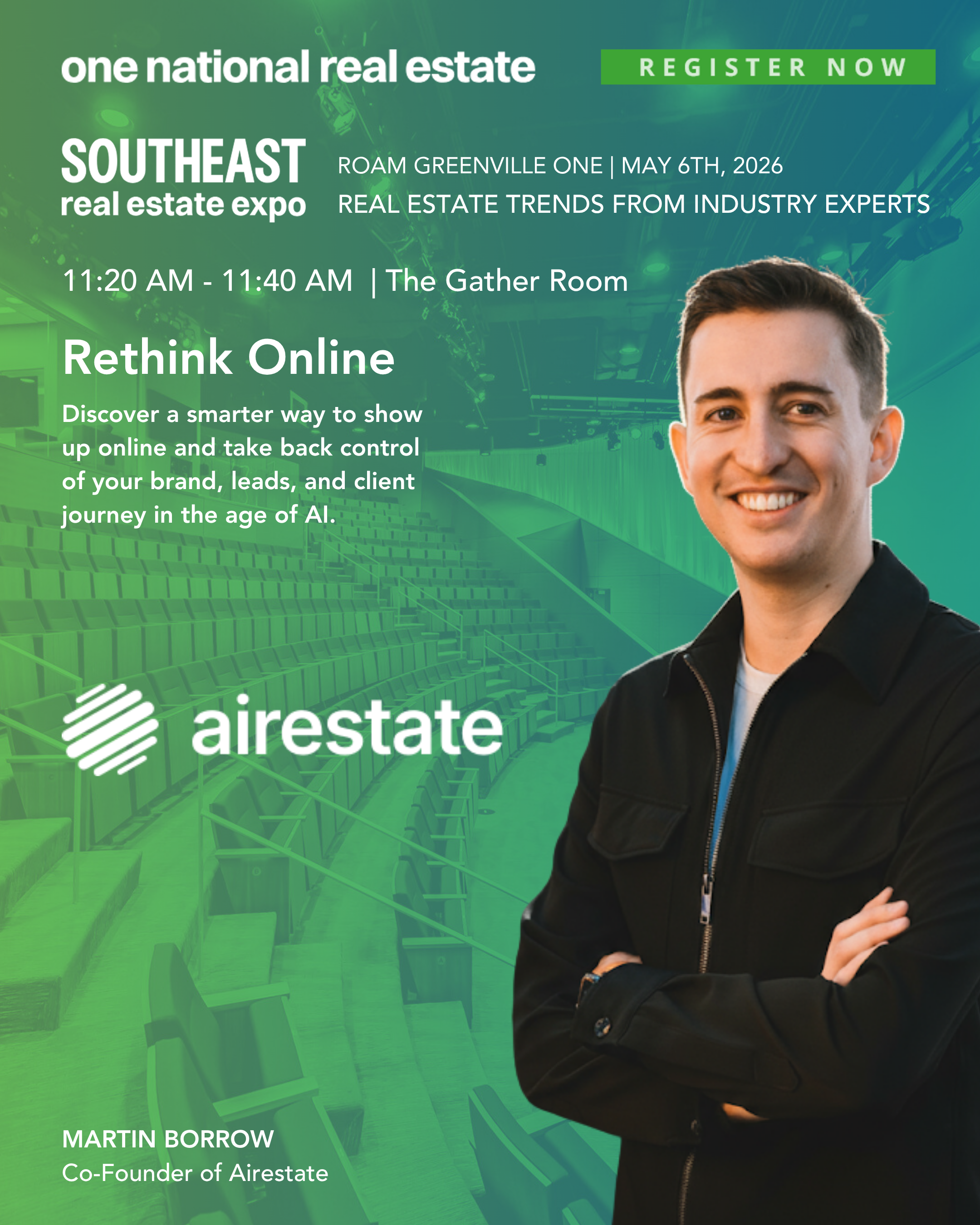 A promotional banner for the Southeast real estate expo featuring a smiling young man with crossed arms, wearing a black jacket. The background is green with a digital 3D model of a residential neighborhood and conference details.