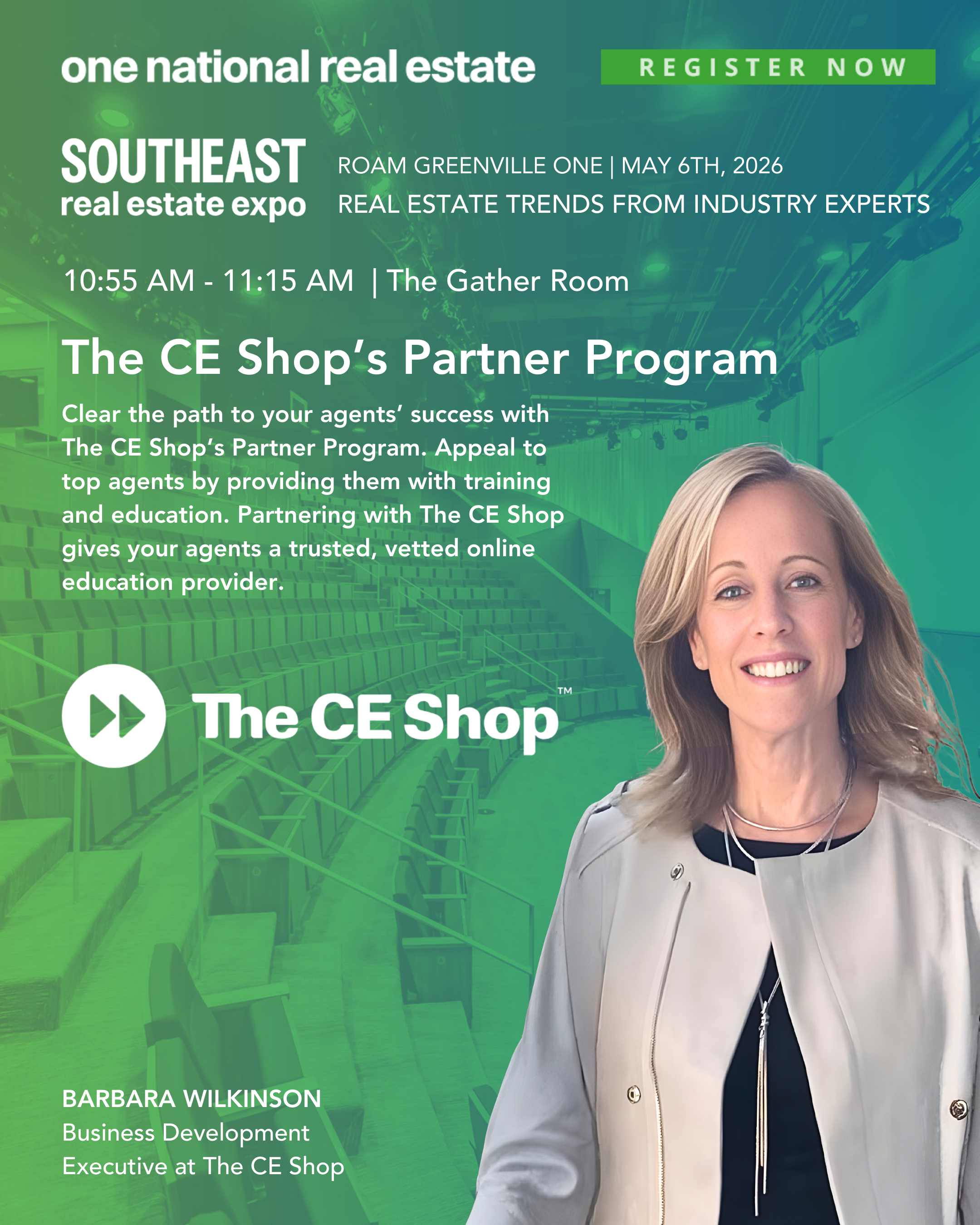 A promotional graphic for the Southeast real estate expo, featuring a woman with blonde hair smiling, wearing a light gray blazer and a black top, with an abstract green background and the event details including date, location, and speaker informati