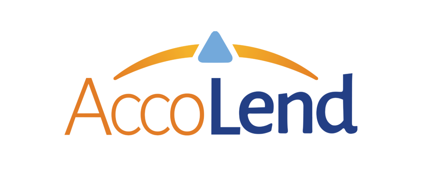 Logo with the text 'Accolend' in orange and blue, featuring a stylized arrow above the text.