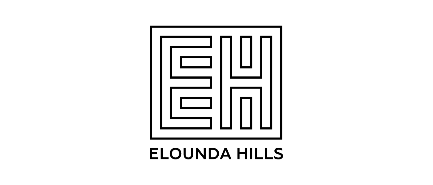 Black and white logo with geometric pattern and the words "Elounda Hills" underneath.