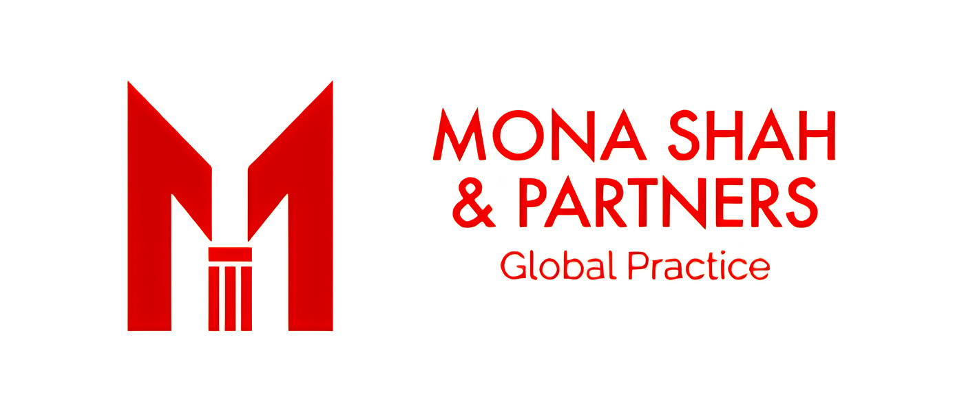 Logo for Mona Shah & Partners, a legal practice, featuring a stylized red 'M' with three vertical lines beneath it and the text 'Mona Shah & Partners' and 'Global Practice' in red.