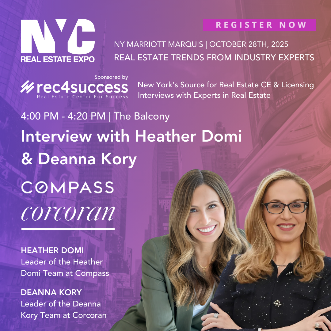 Event poster for NYC Real Estate Expo on October 28th, 2025, featuring an interview with Heather Domi and Deanna Kory, sponsored by rec4success, with logos of Compass and Corcoran, showing two women smiling, set against a cityscape background.