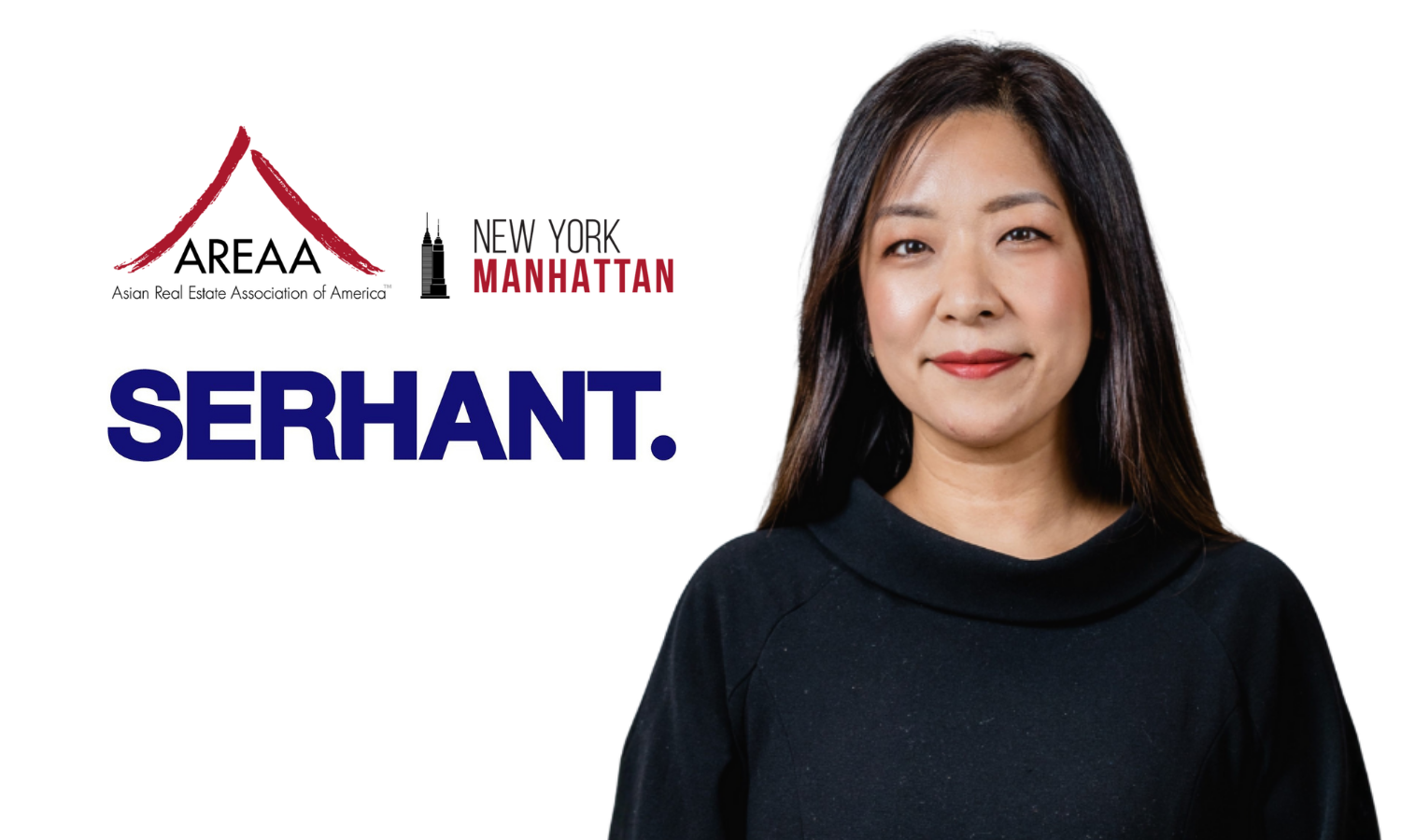 A woman with long dark hair wearing a black top, smiling slightly, standing next to the bold text 'SERHANT.' in dark blue on a white background.