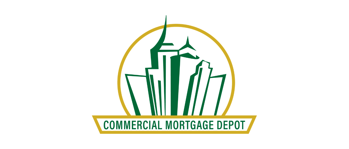 Logo of a company called Commercial Mortgage Depot featuring stylized skyscrapers and a gold circle with the company name in green text.