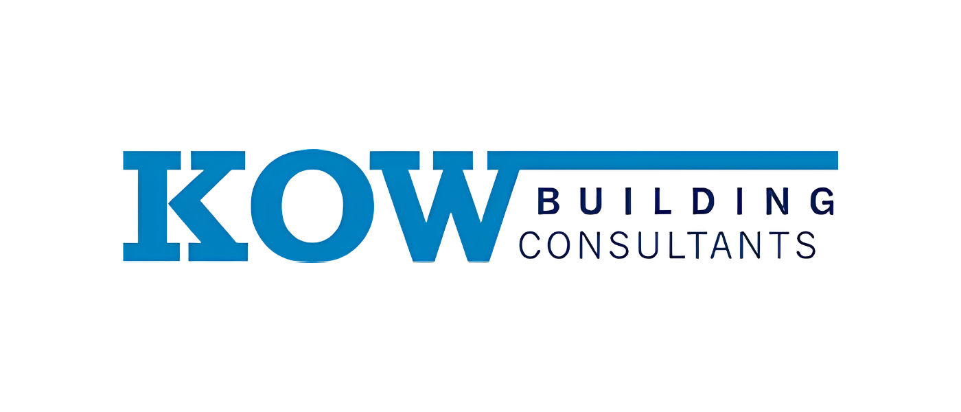 Logo for KOW Building Consultants with blue and navy text on a white background