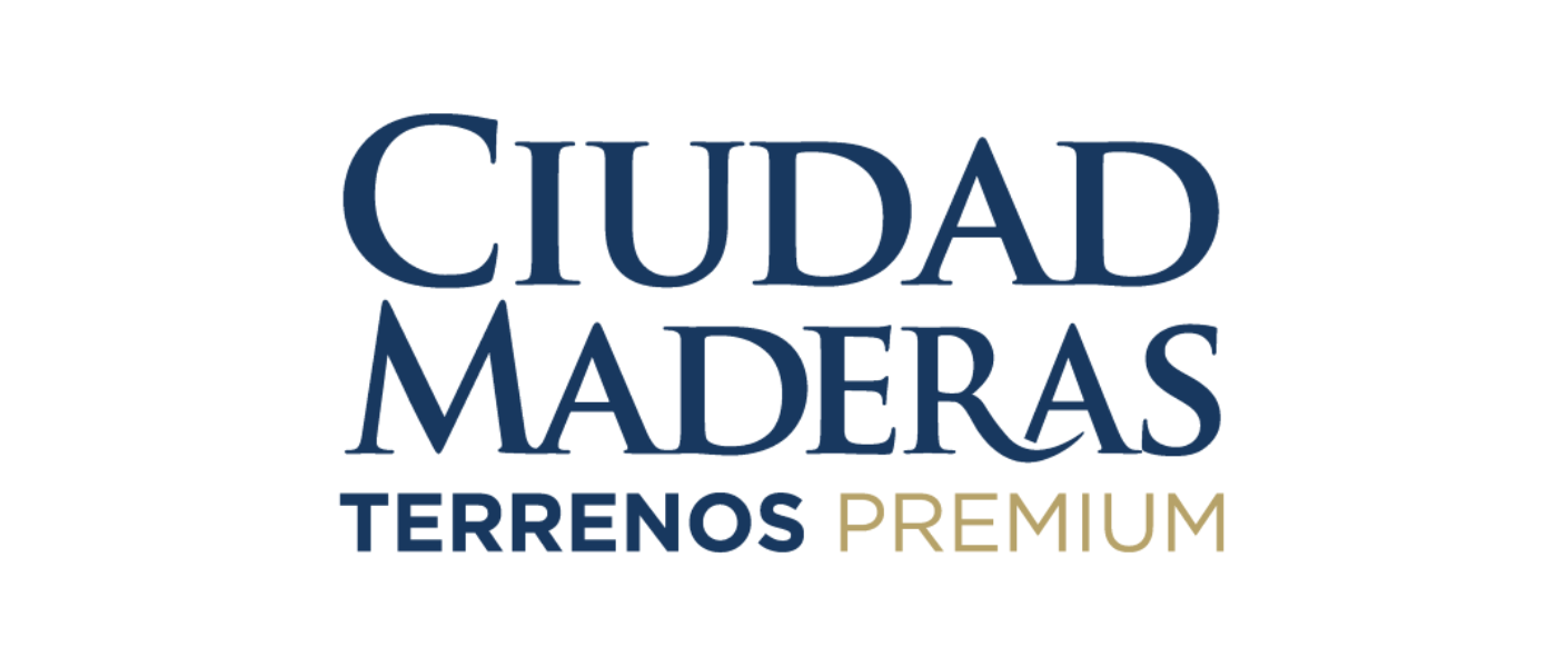 Logo for Ciudad Maderas Terrenos Premium with large navy blue text and smaller gold and navy blue text.