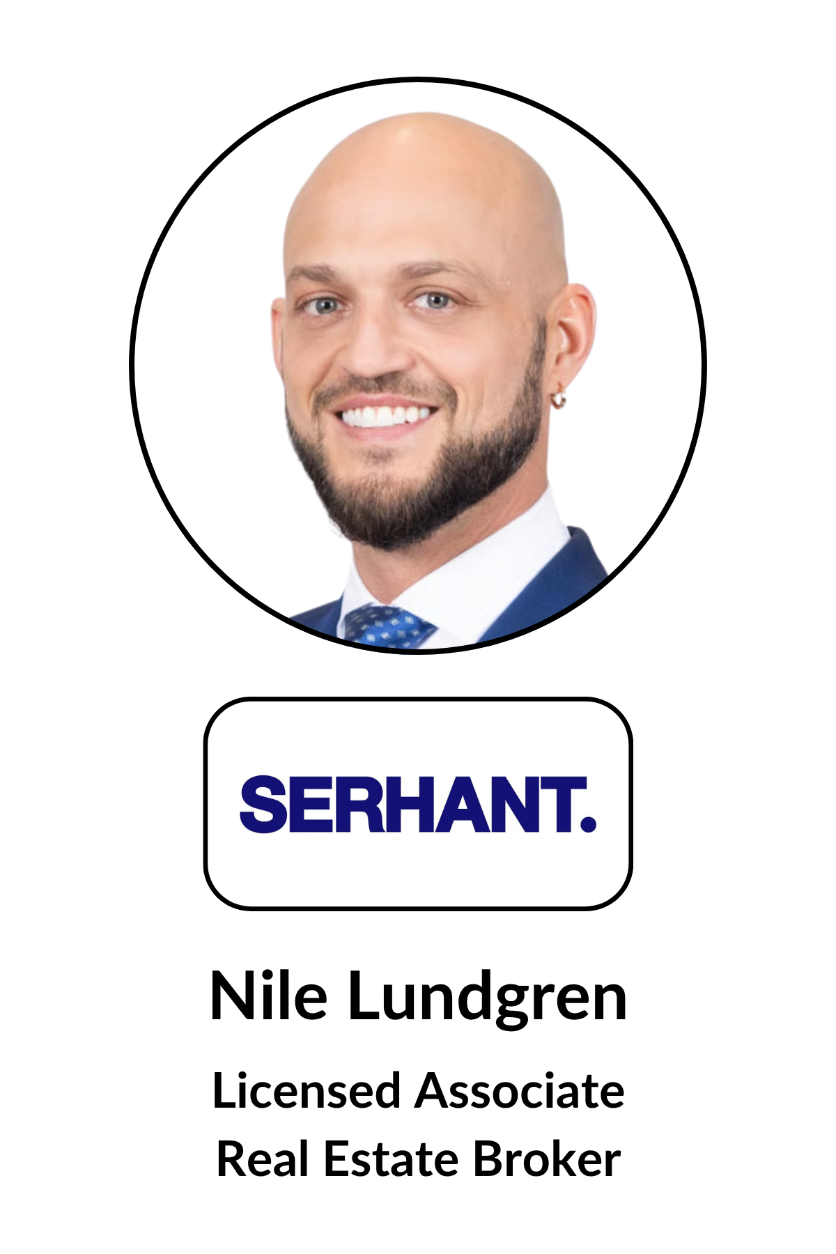 Headshot of Nile Lundgren, smiling man with a beard, earring, in a suit and tie. Includes the name Nile Lundgren, licensed associate, real estate broker, and the word SERHANT.