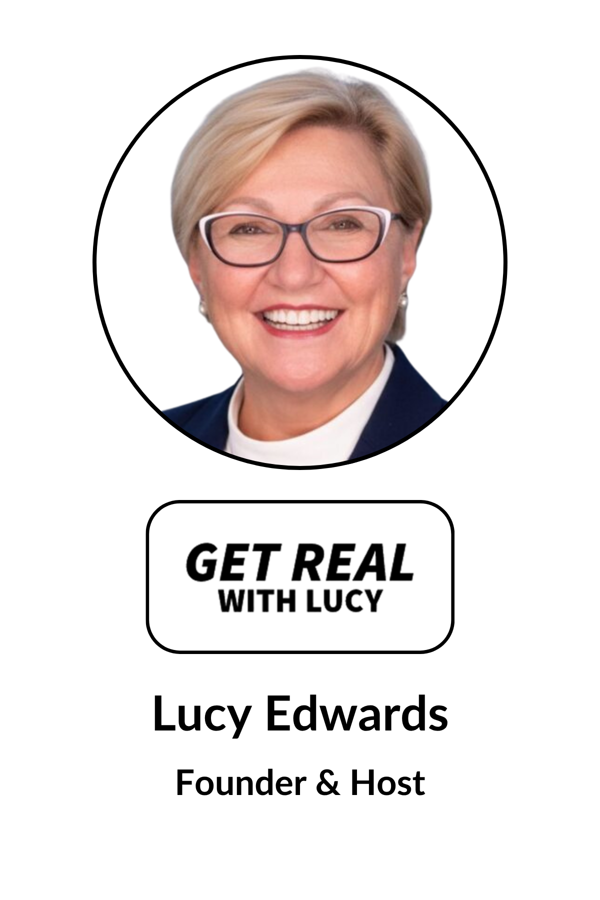 A woman with short blonde hair wearing glasses, smiling in a professional headshot. Text below her says "GET REAL WITH LUCY" and "Lucy Edwards, Founder & Host."